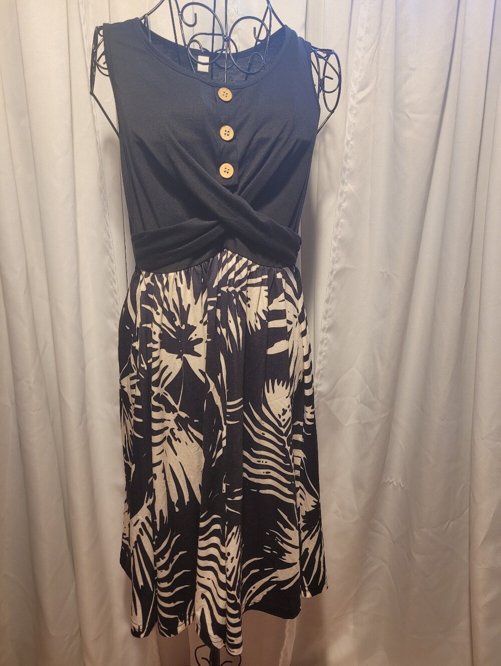 Boho Women’s Black & Cream Abstract Print Midi Dress Button Front Flowy Casual